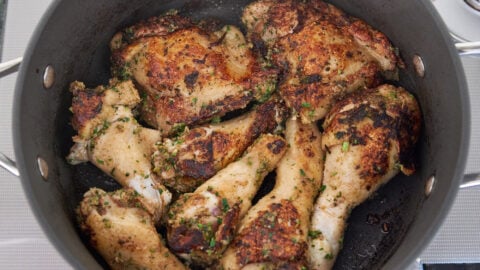 Browning the chicken for the Biryani brings out the flavors of the spices and aromatics in the marinade.