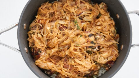 A layer of caramelized onions goes on top of the chicken for the Biryani.