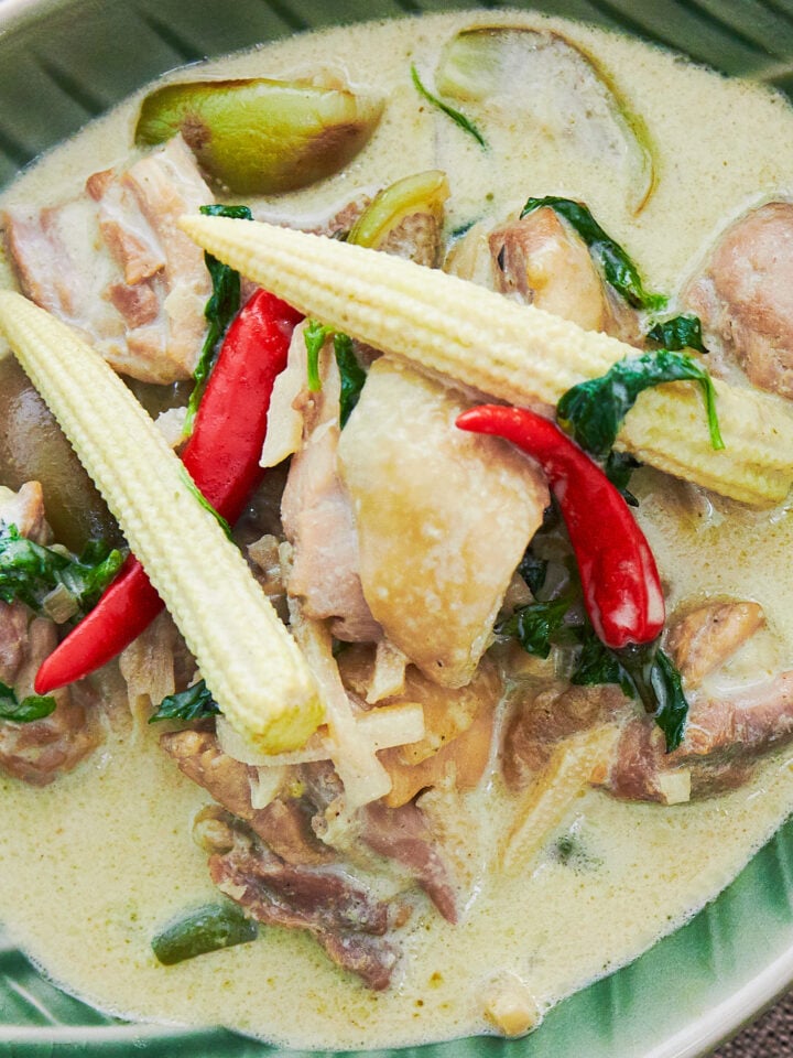 Thai Green Chicken Curry with baby corn, eggplant, thai basil, and chicken simmered in coconut milk and green curry paste. Riceberry steamed together with jasmine rice make for a stunning side dish.