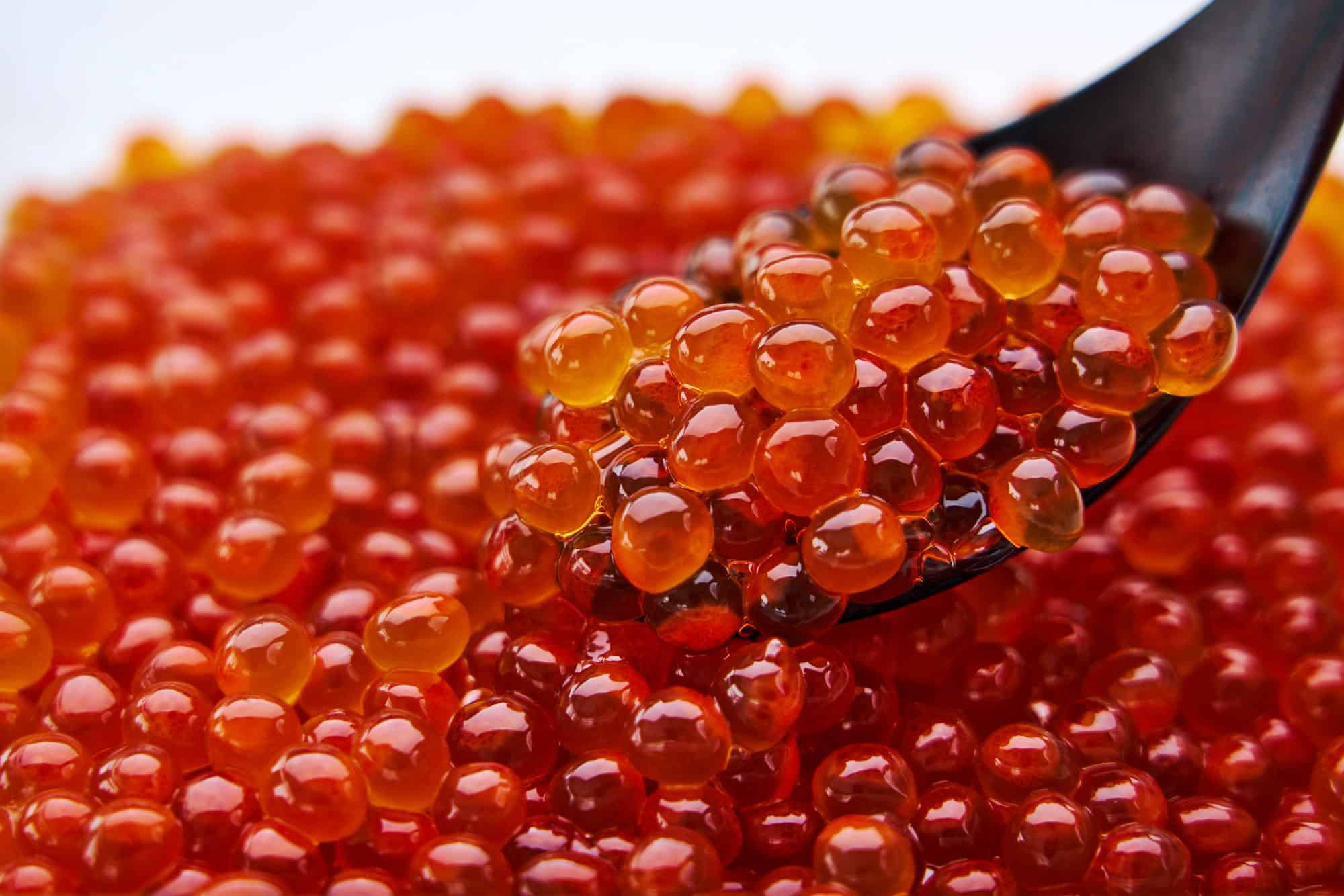 Close-up of ikura salmon roe glistening on a wooden spoon against a soft-focused background, showcasing its vibrant orange color and texture.