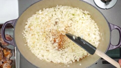 The secret to a good Japanese curry is to caramelize the aromatics including these minced onions.