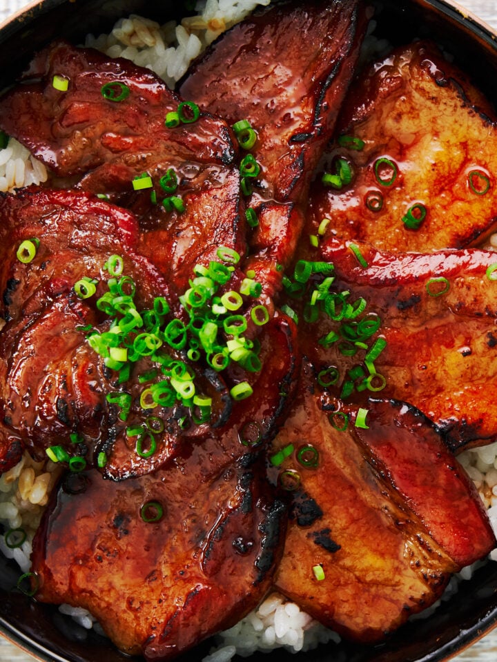 Tokachi Butadon is an easy grilled Japanese pork bowl serve on a bed of rice.