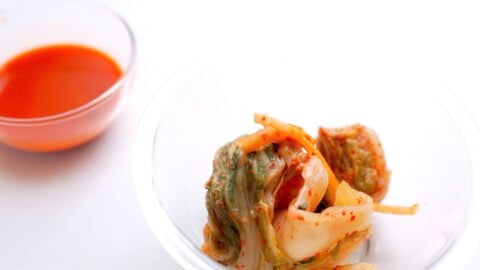 Kimchi and kimchi juice separated for making kimchi fried rice.
