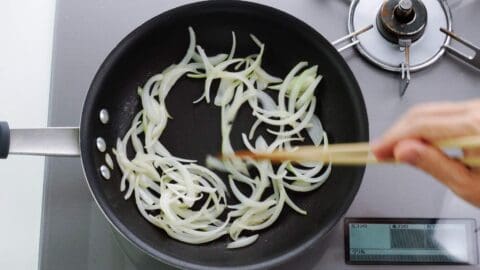 Sauteed onions for oyako donburi.