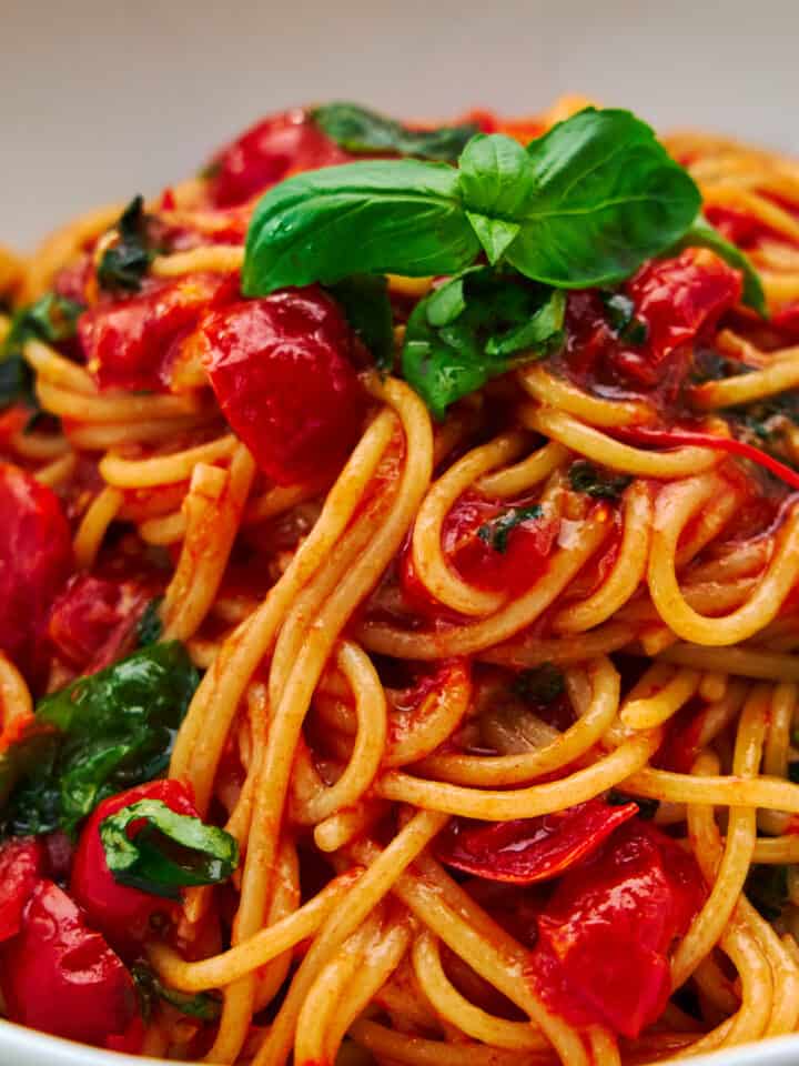 Side-view of a bowl of Pasta Pomodoro, showing the depth and layers of spaghetti intertwined with chunks of ripe tomatoes and basil leaves.
