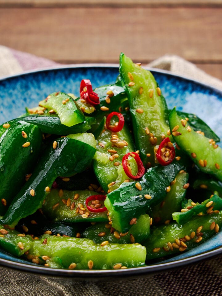 Crunchy smashed cucumbers dressed with a nutty and spicy sesame sauce.